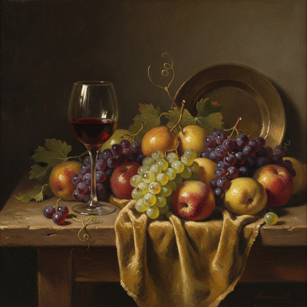 AI oil painting generator result — a Dutch golden age still life of fruit and a wine glass on a wooden table