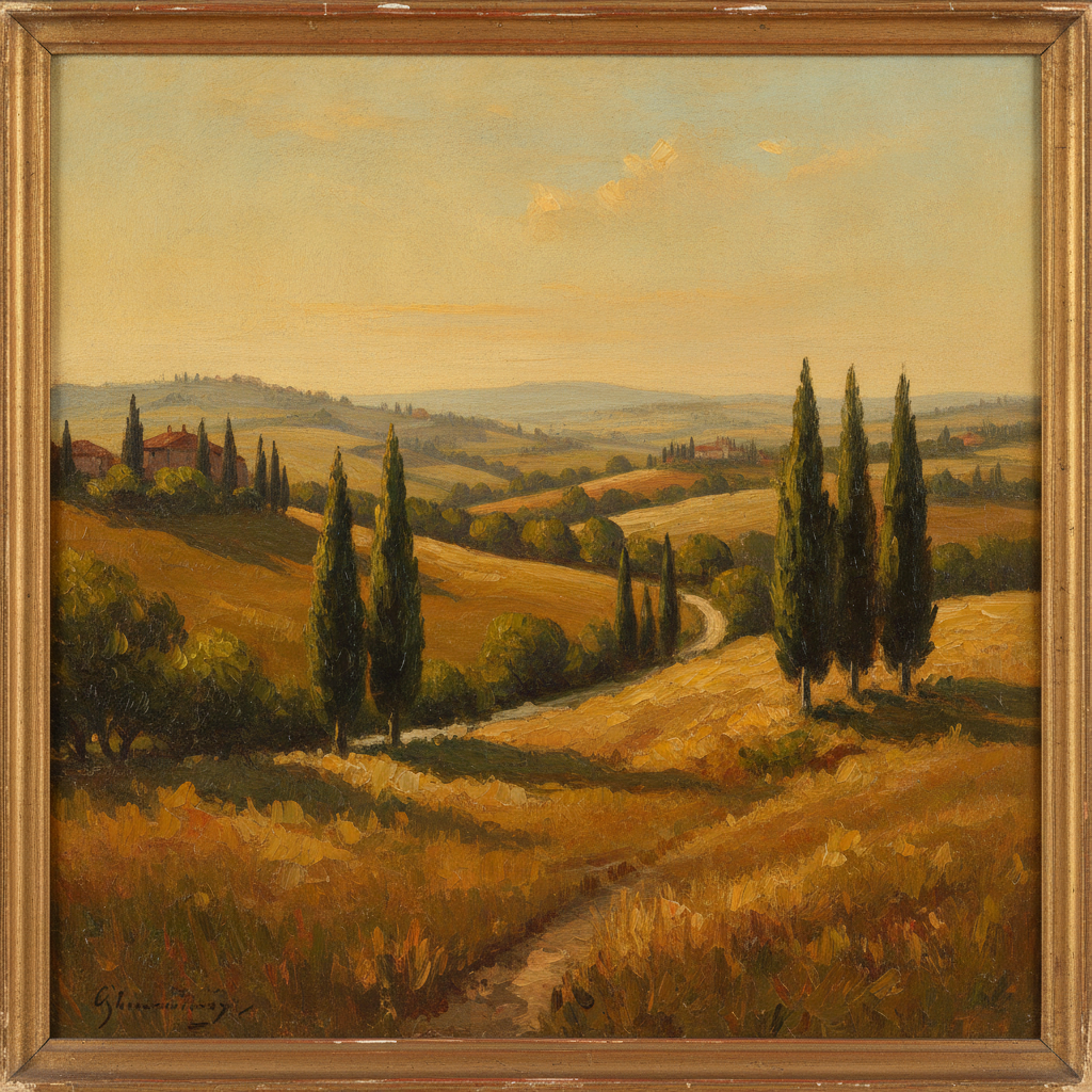 AI oil painting generator result — a sunlit Tuscan landscape with cypress trees in thick impasto brushstrokes