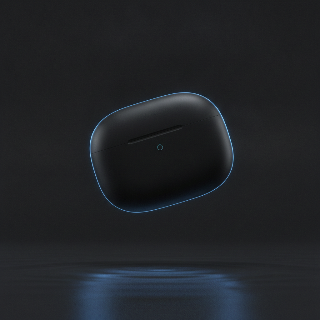 AI on-device image generator output — black wireless earbud case product concept lit with a cool blue rim light on a dark charcoal studio backdrop