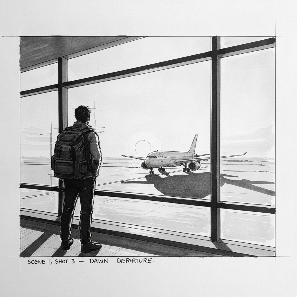 Offline AI tools storyboard frame — black and white marker sketch of a traveller with a backpack at an airport window watching a plane at dawn