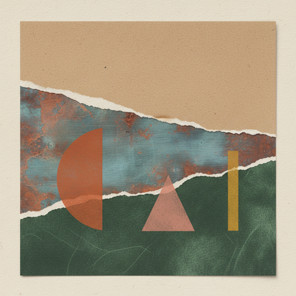 Privacy-first image editing moodboard tile — layered textures of warm sand, oxidised copper and deep forest green with torn paper edges