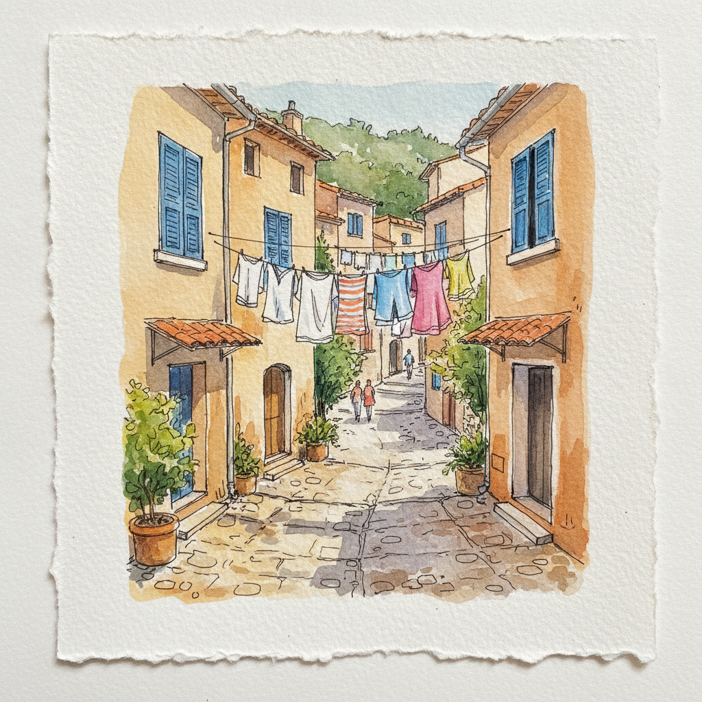 Mobile AI art travel sketch — loose watercolour of a Mediterranean hillside street with ochre buildings and blue shutters on textured paper