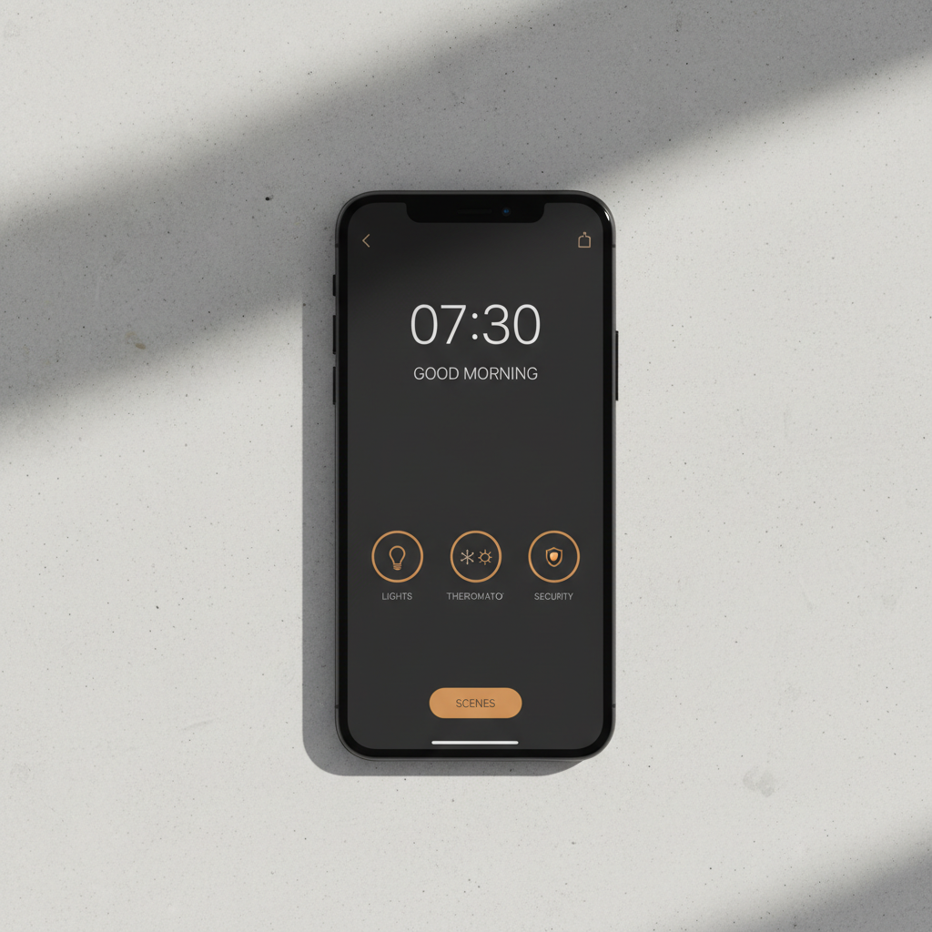 Secure AI image generation client mockup — dark-mode mobile app interface on a smartphone standing on pale concrete in soft daylight