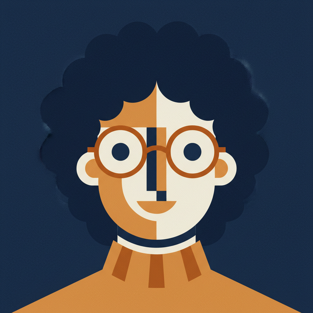 On-device AI image generator avatar — stylised flat vector portrait of a person with curly dark hair and round glasses in navy, amber and off-white