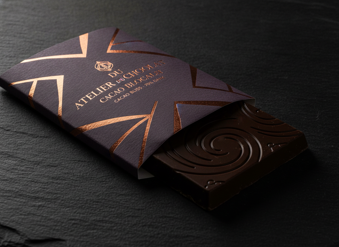 AI product packaging generator example — a deep plum chocolate bar sleeve with copper foil geometric patterning and elegant serif lettering