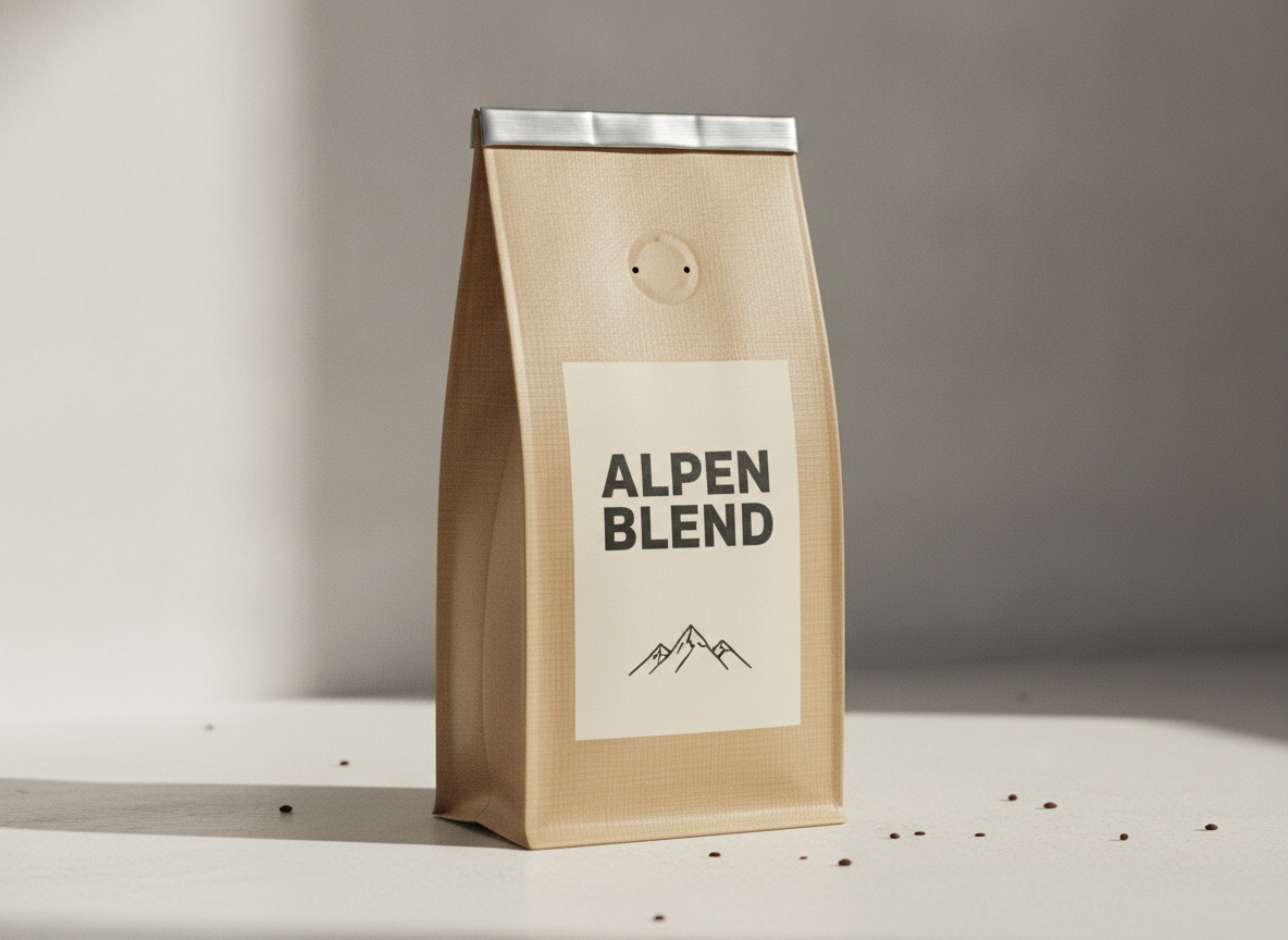 AI packaging design generator example — a matte kraft stand up coffee pouch with a cream label panel, bold sans serif brand name and a tin tie top