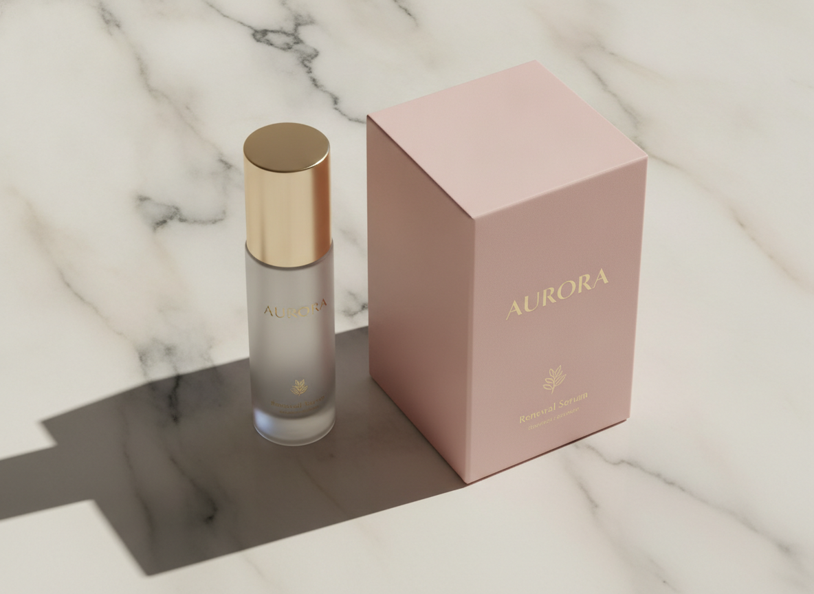 AI cosmetic packaging design example — a frosted glass serum bottle with a gold cap beside a blush pink rigid box with foil lettering on marble