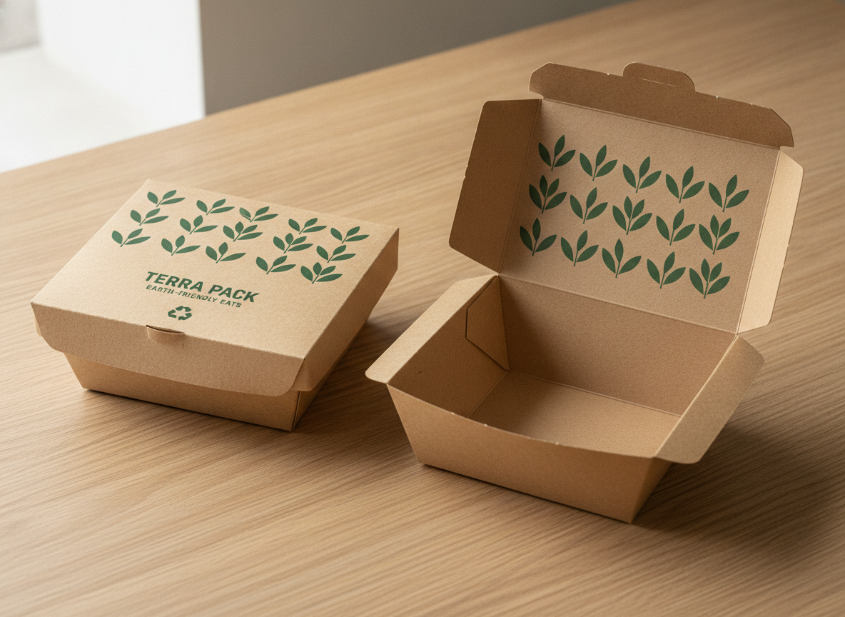 AI box design generator example — an uncoated recycled cardboard meal box printed in one colour forest green with a geometric leaf motif
