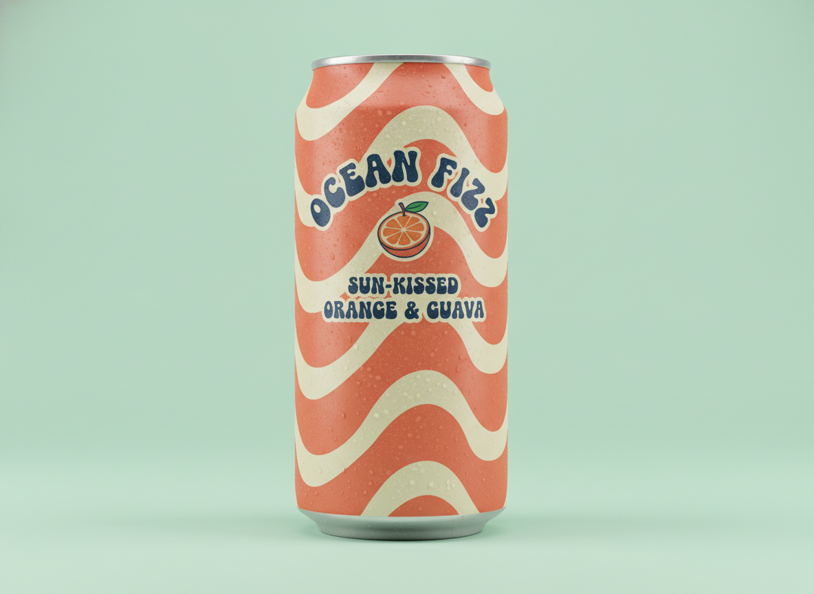 AI package design tool example — a slim craft soda can wrapped in a coral and cream wave pattern with chunky retro lettering