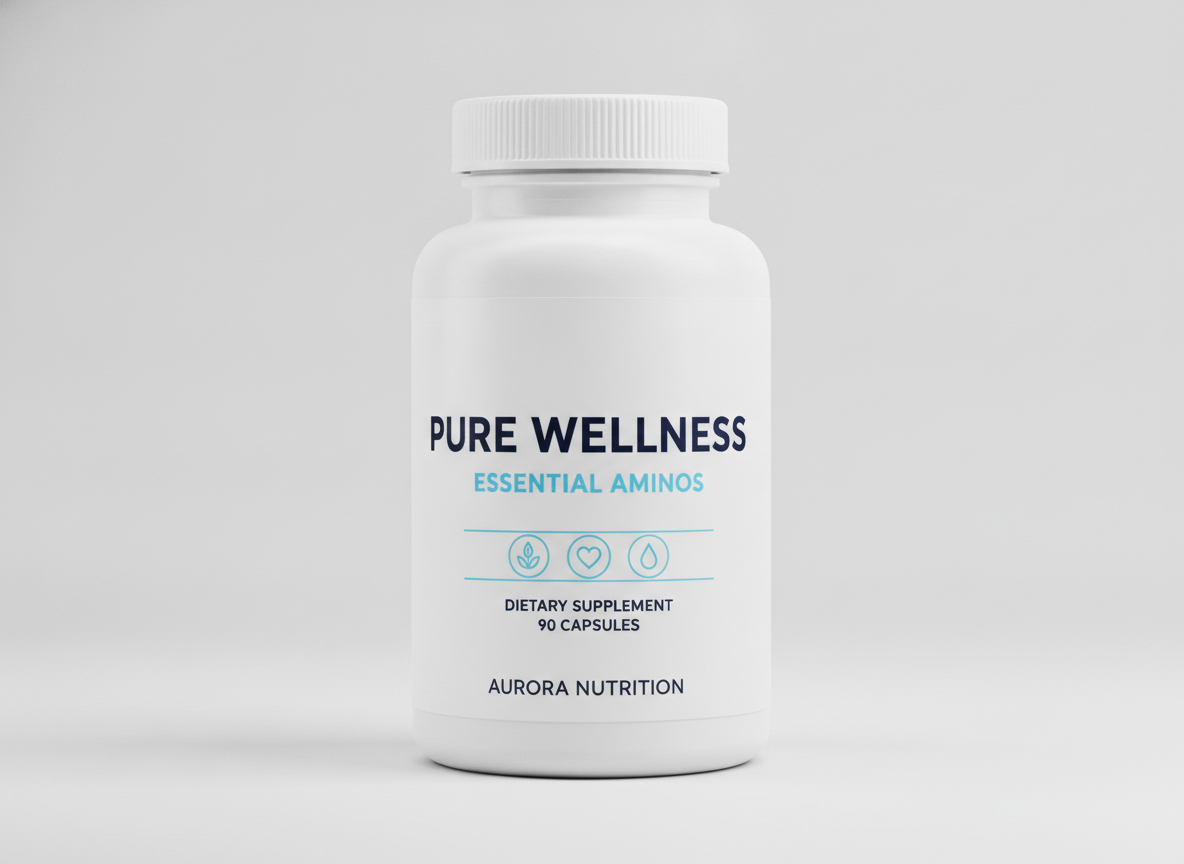 AI label design generator example — a white matte supplement bottle with a crisp two colour navy and sky blue label on a light grey background