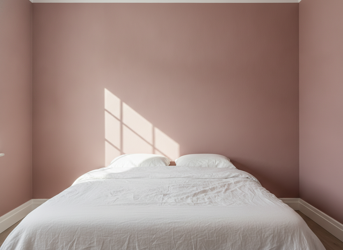 Wall color visualizer example — a bedroom with all four walls in a soft dusty pink, white ceiling and skirting, with a bright patch of window light on the wall showing the same paint reading much paler where the sun hits it