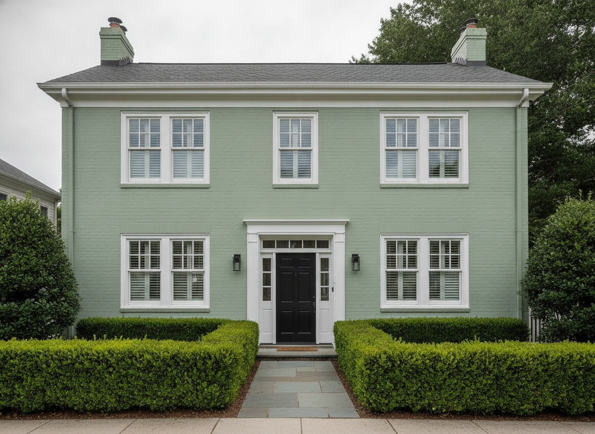 Exterior paint color visualizer example — the front of a two storey painted brick house in a soft sage green with crisp white window trim, white door surround and a matt black front door, photographed straight on under flat overcast daylight