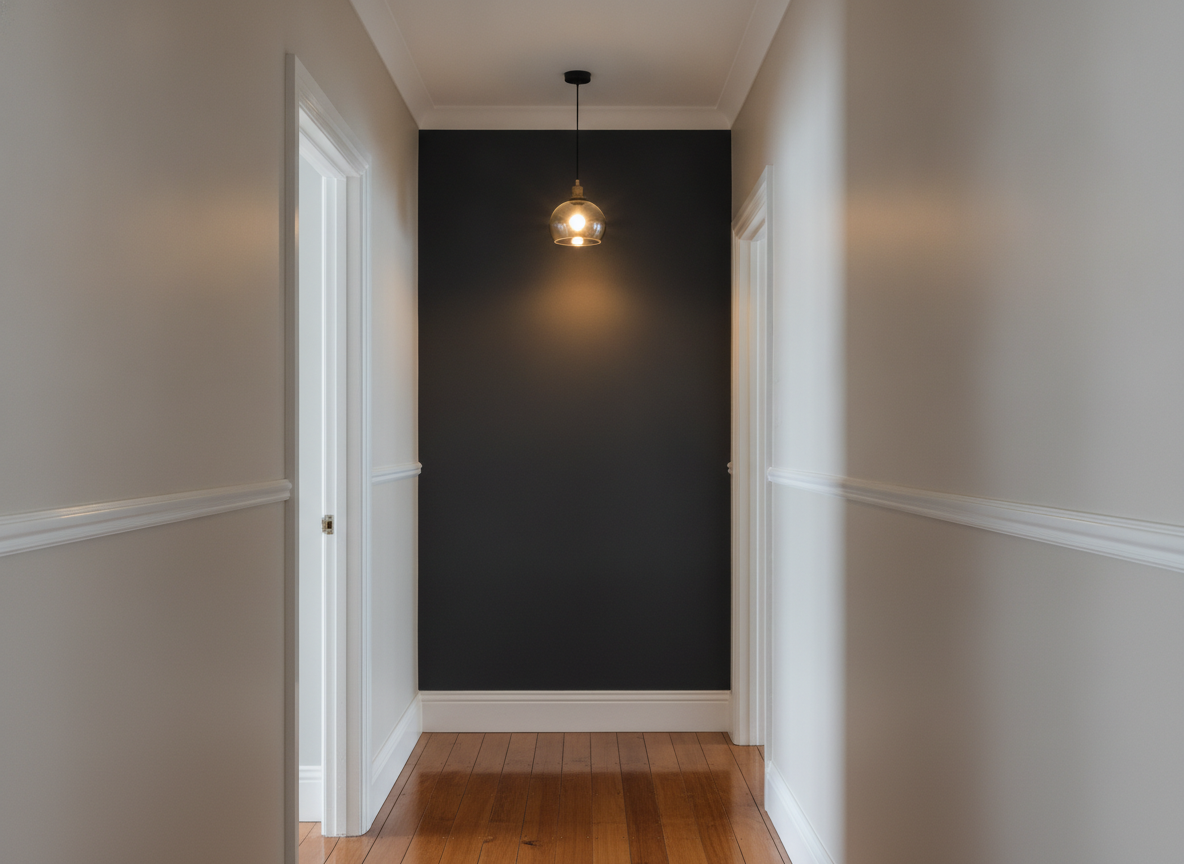 AI paint color visualizer feature wall example — a narrow hallway with a dark charcoal end wall and pale greige side walls, a warm pendant light overhead, the charcoal reading warm brown-grey in the pool of light and near black towards the floor