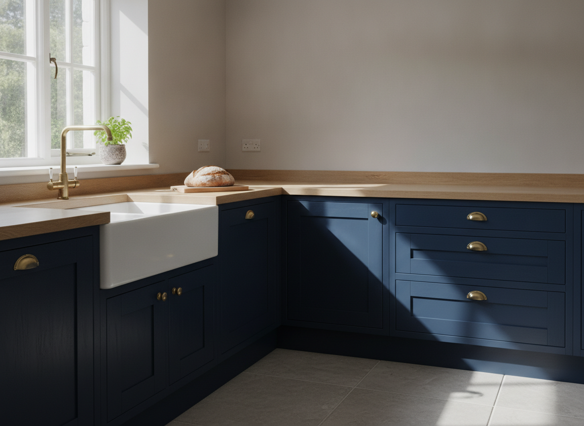 Room color changer AI example — a kitchen with deep navy shaker cabinets, brass cup handles, oak worktop and pale warm grey walls above, where the navy in shadow reads noticeably brighter and bluer than the navy in direct light