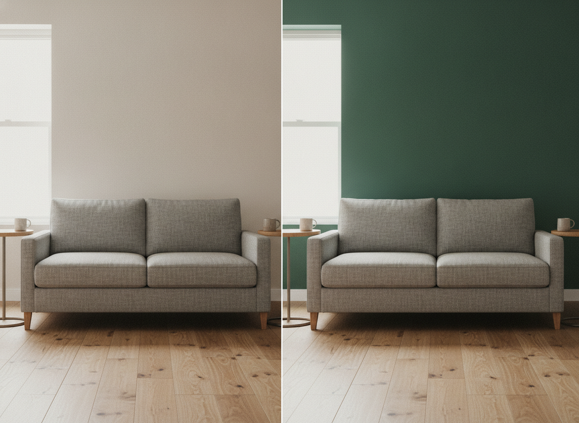 AI paint color visualizer side by side comparison — one living room with a grey sofa and oak floor shown twice, the left wall in warm off-white and the right wall in deep forest green, with an extra side table appearing on the green side