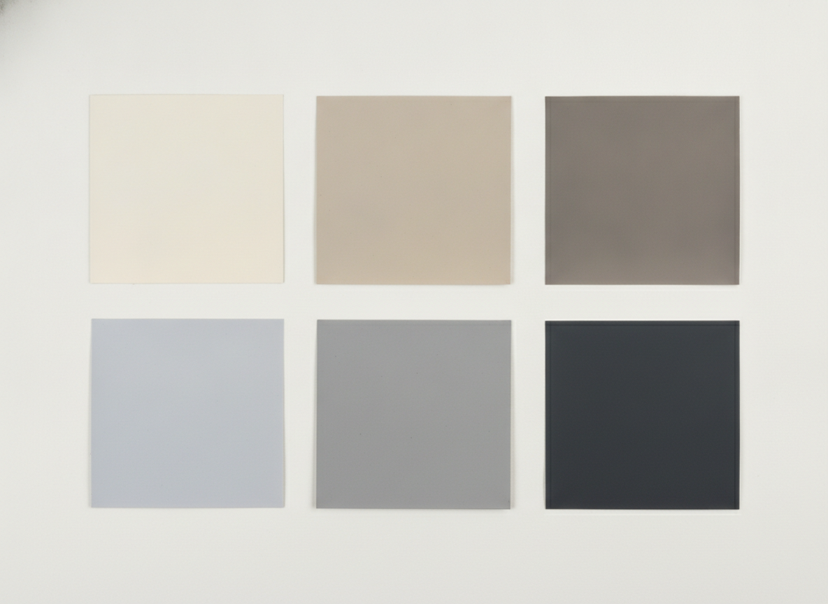 Free paint color visualizer swatch example — six flat matt painted color squares in two rows of three on a pale wall, running from warm cream through beige and taupe to pale blue-grey, mid grey and near-black charcoal