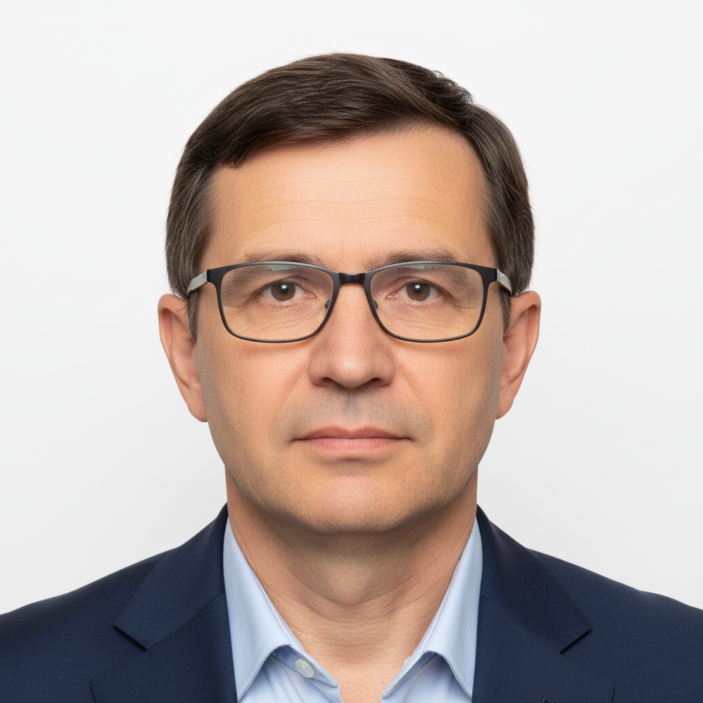 AI passport photo maker result — compliant passport photo of a middle-aged man wearing glasses on a plain white background with even studio lighting, generated by GPT Image 2