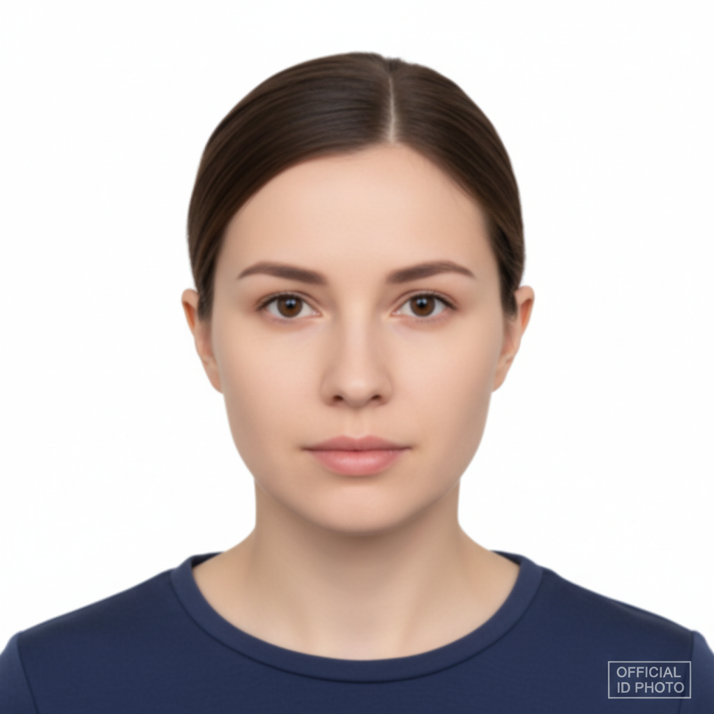 AI passport photo maker result — passport-style headshot of a woman with hair tied back on a pure white background with soft frontal lighting, generated by GPT Image 2