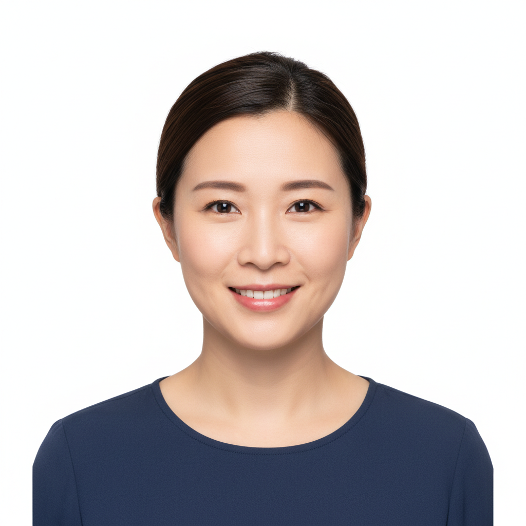 AI passport photo maker result — compliant ID photo of a smiling adult woman on a plain white background with head centred and shoulders square, generated by GPT Image 2