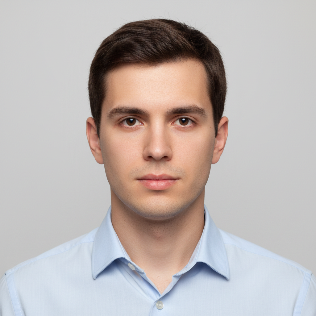 AI passport photo maker result — compliant visa ID photo of a young man in a collared shirt on a neutral light-grey background with a neutral expression, generated by GPT Image 2