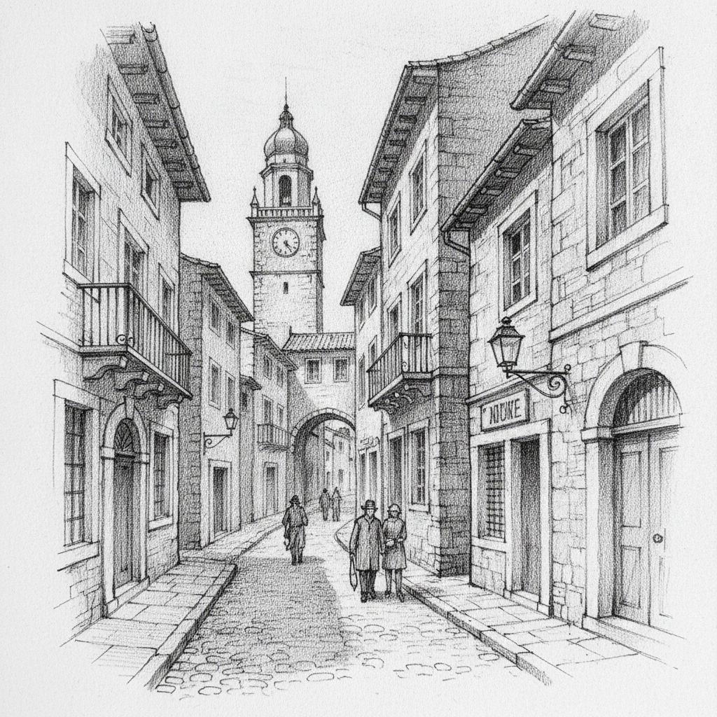 AI pencil sketch generator result — an architectural pencil sketch of an old European street with historic buildings