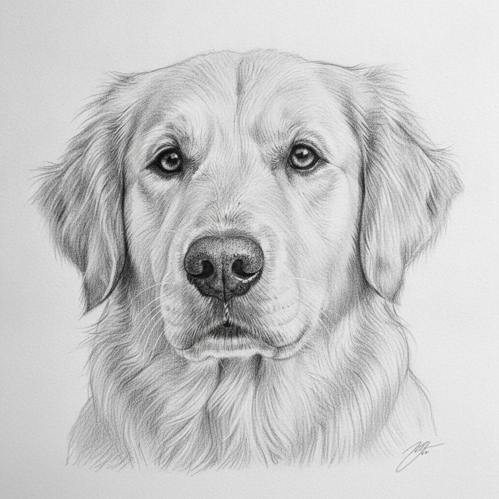 AI pencil sketch generator result — a realistic pencil sketch of a golden retriever with fine fur detail and soft shading