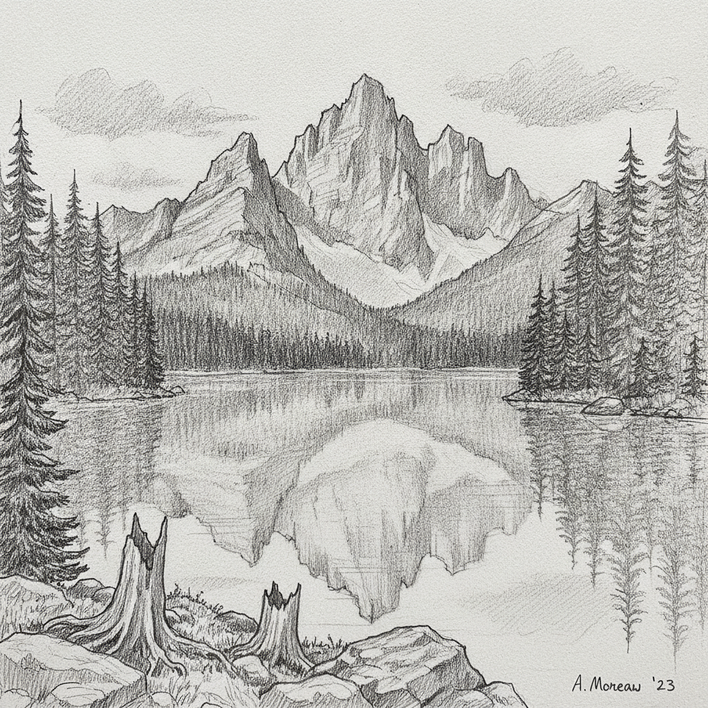 AI pencil sketch generator result — a detailed pencil sketch of a mountain landscape with a lake and pine trees
