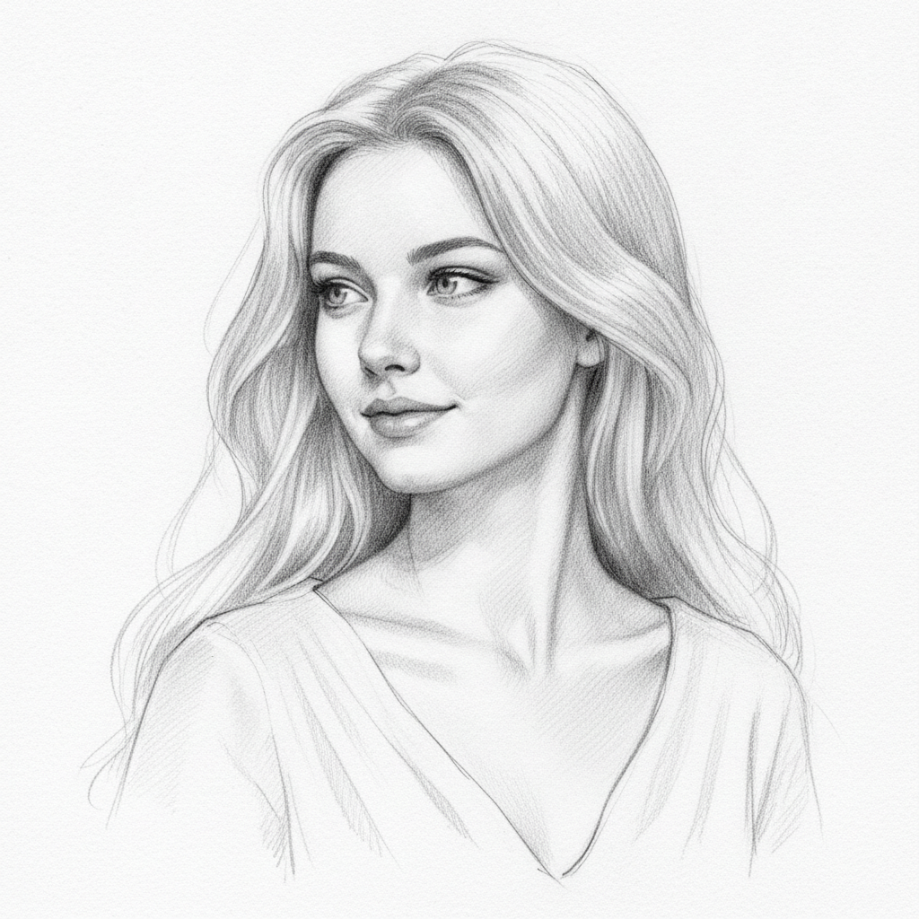 AI pencil sketch generator result — a realistic graphite pencil sketch portrait of a woman with soft shading and fine detail