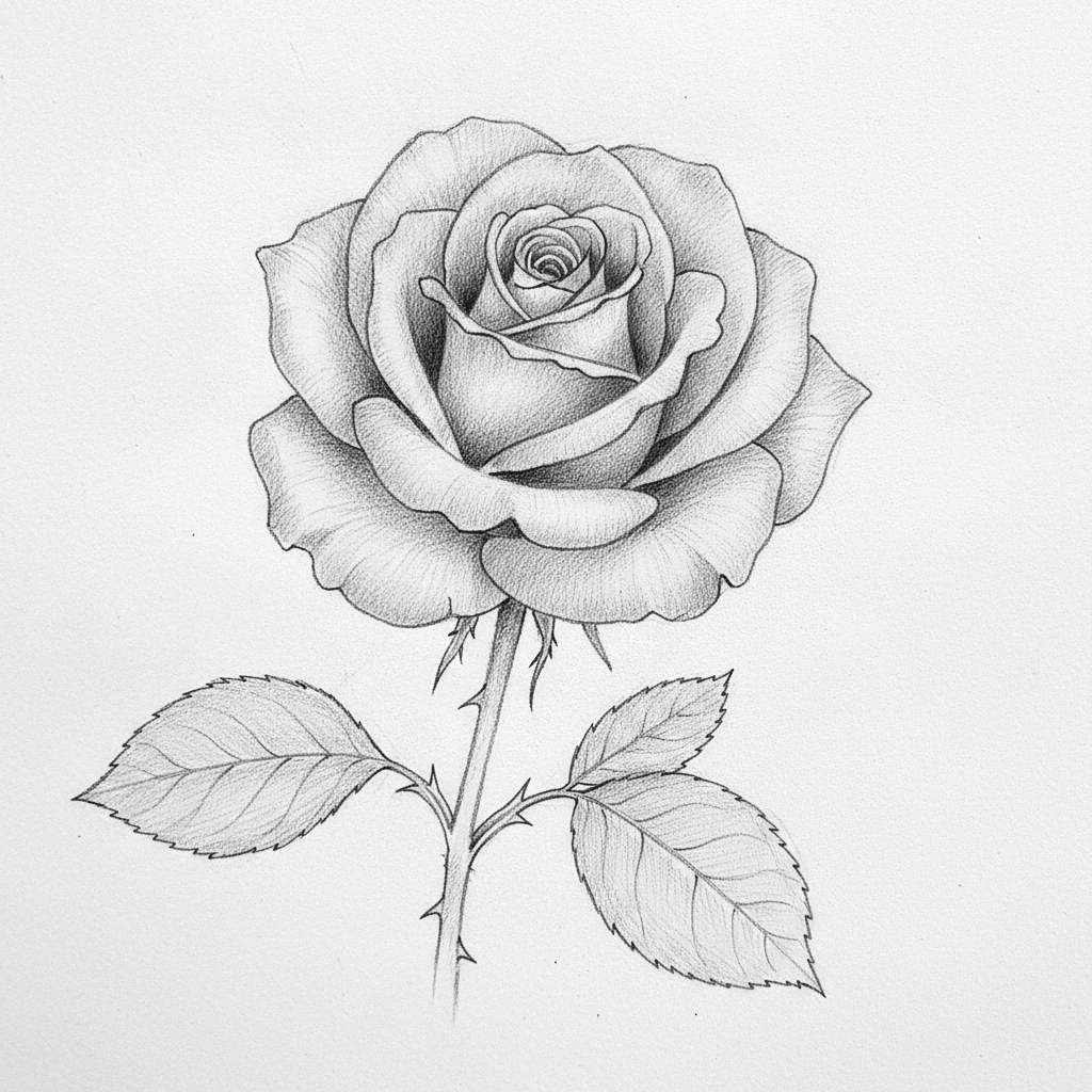 AI pencil sketch generator result — a detailed graphite pencil drawing of a single rose with delicate cross-hatching
