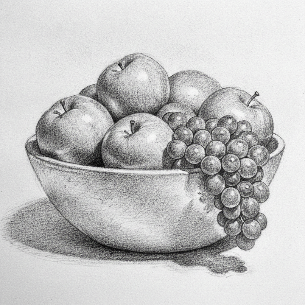 AI pencil sketch generator result — a pencil sketch still life of a bowl of fruit with apples and grapes