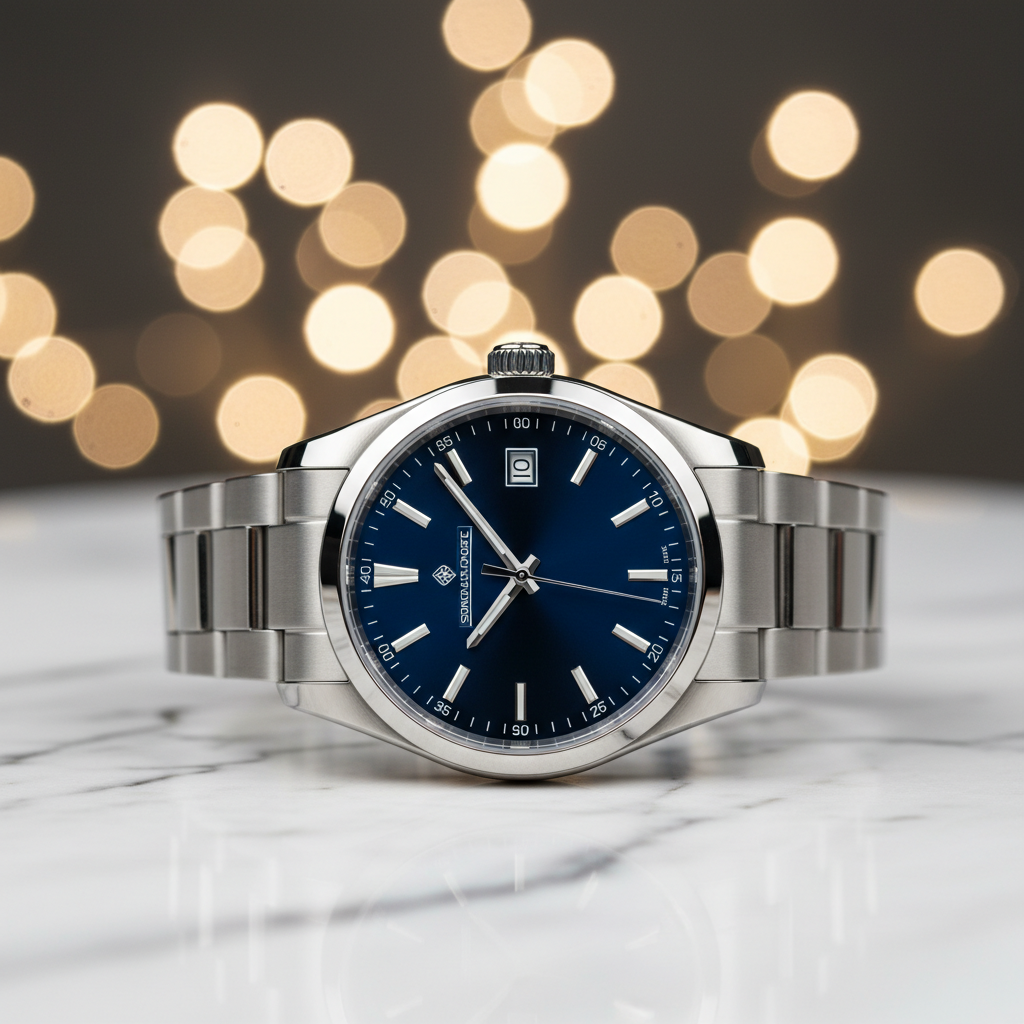 AI photo background replacement showcase of a luxury watch product photograph with original messy desk background replaced by elegant marble surface and warm bokeh lighting, premium e-commerce style, sharp product detail with realistic shadow placement, photo background changer AI 4K finish ready for online store