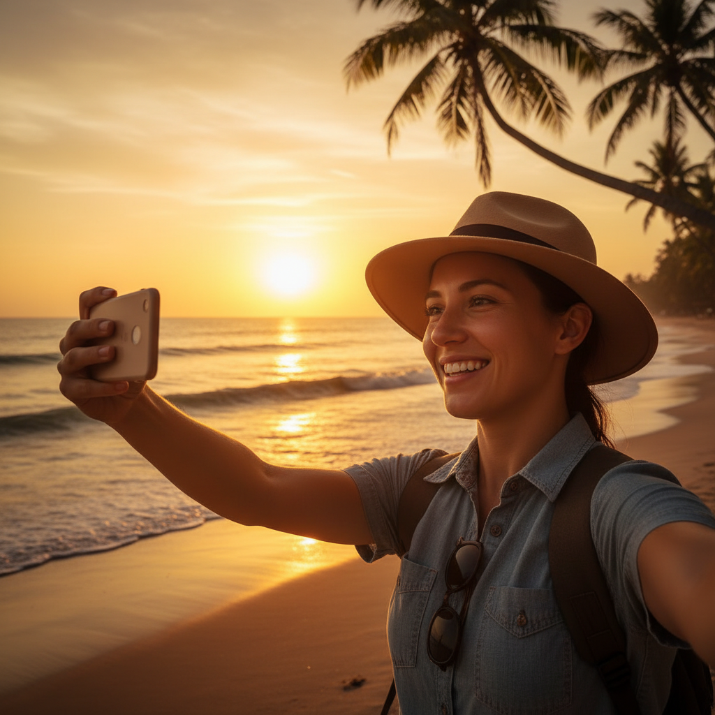 AI photo background replacement showcase of a travel selfie with original crowded tourist background replaced by stunning sunset beach with palm trees and golden hour lighting, photorealistic seamless integration with rim lighting that wraps the subject, AI image editing tools 4K finish ready for Instagram and travel blog
