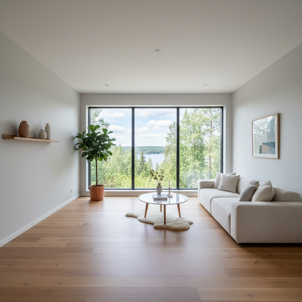 AI photo background replacement showcase of a real estate interior shot with original empty walls replaced by modern Scandinavian decor with hardwood floors and large bright windows, photorealistic professional virtual staging, photo background changer AI 4K finish ready for Zillow and Airbnb listings