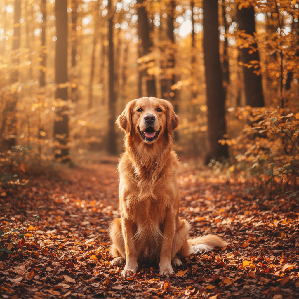AI photo background replacement showcase of a pet portrait with original messy yard background replaced by warm autumn forest with golden fall colors and dappled sunlight, realistic natural blending, sharp fur fiber detail preserved, AI background swap 4K finish ready for pet photography portfolio