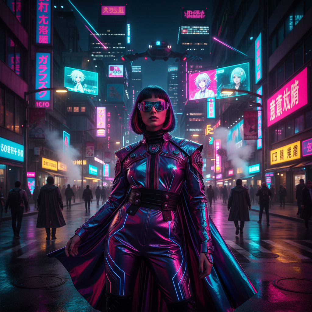 AI photo background replacement showcase of a fashion editorial portrait with original studio background replaced by Tokyo neon street at night with cyberpunk vibes and accurate rim lighting, cinematic color grading with sharp foreground subject, replace photo background AI 4K finish ready for magazine cover and fashion brand campaign