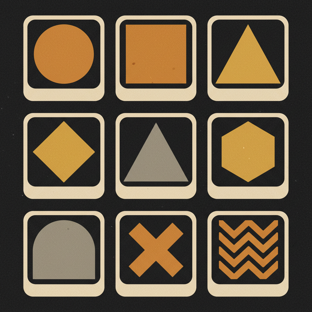 Image quality assessment reference — flat vector grid of nine framed geometric shapes in amber and grey on a near-black background