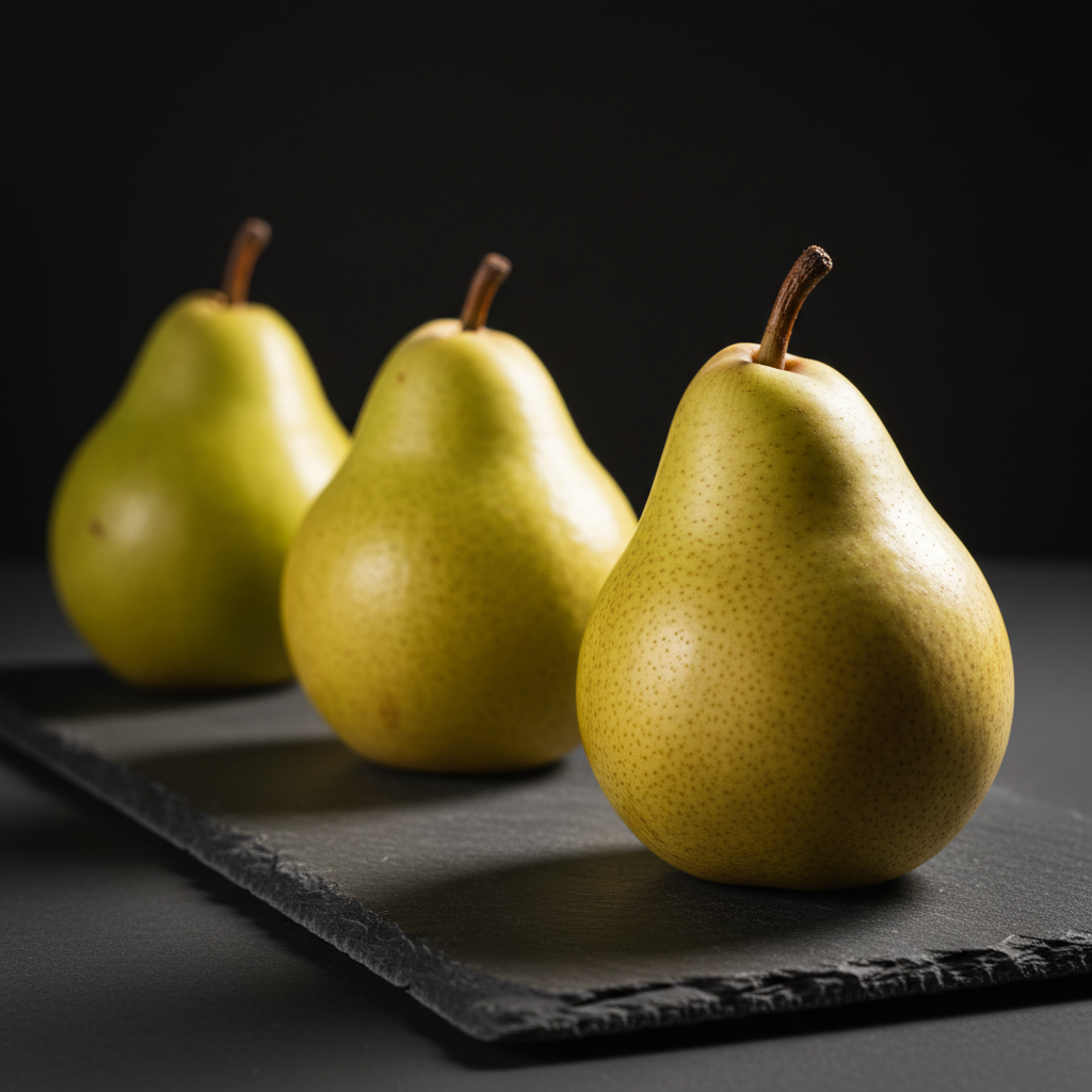 AI image comparison reference — three pears on dark slate photographed at increasing levels of sharpness from soft blur to razor detail