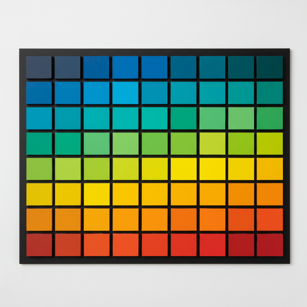 Photo grading AI reference — overhead shot of a matte black board holding a spectrum grid of painted colour swatch tiles under even studio light