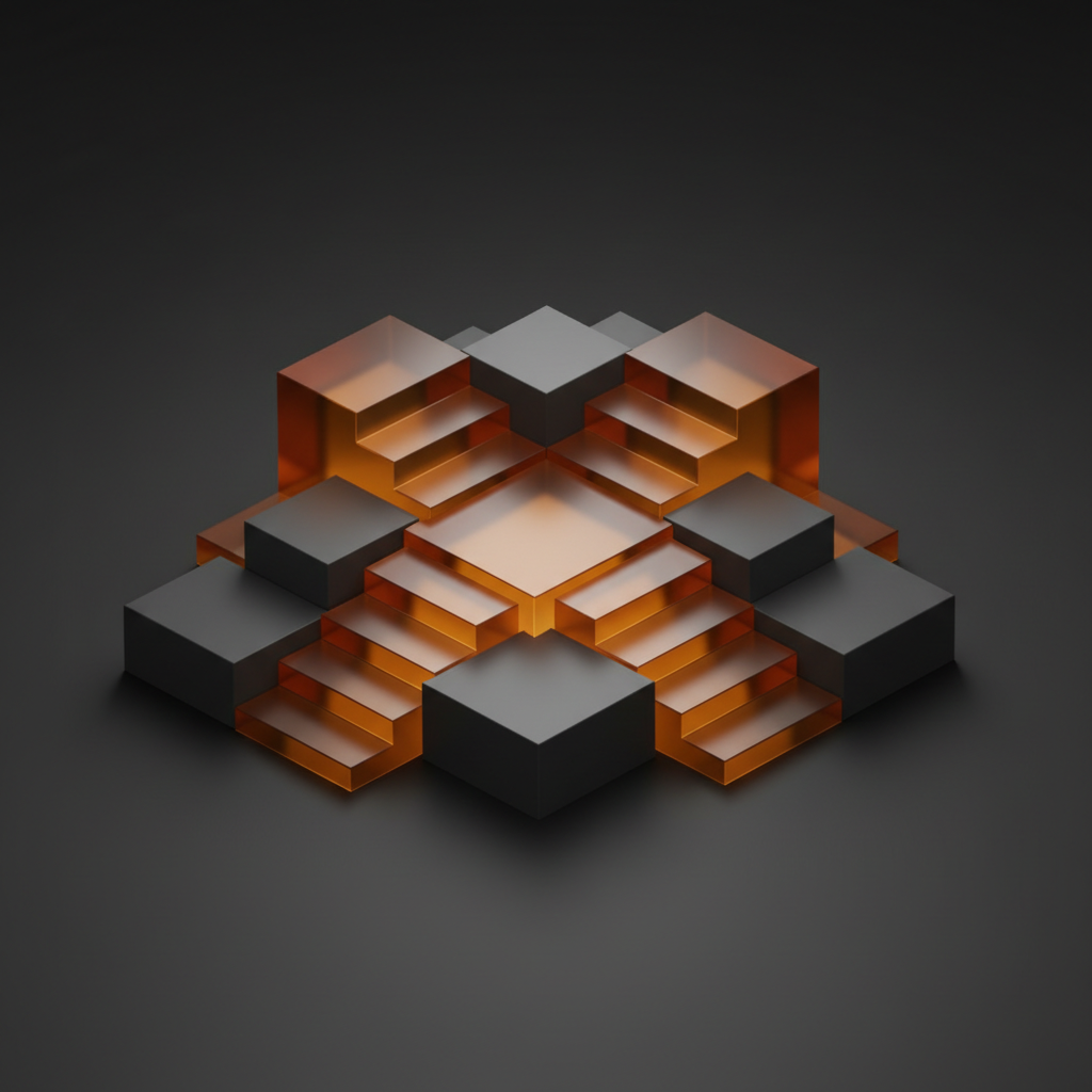 Benchmark AI tools reference — isometric render of a symmetrical cluster of translucent amber and matte grey blocks and stepped tiers on a dark charcoal floor