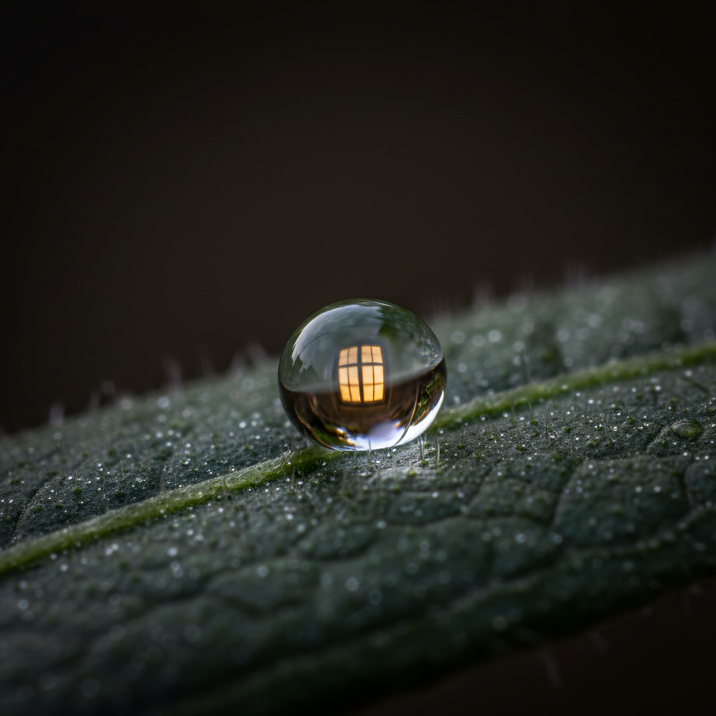 AI photo benchmark reference — extreme macro of a water droplet on a dark green leaf refracting golden light, showing leaf vein texture