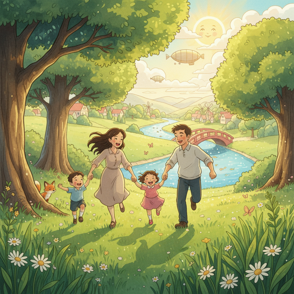 AI photo cartoonizer — Studio Ghibli anime watercolor cartoon of a happy family of four in a park