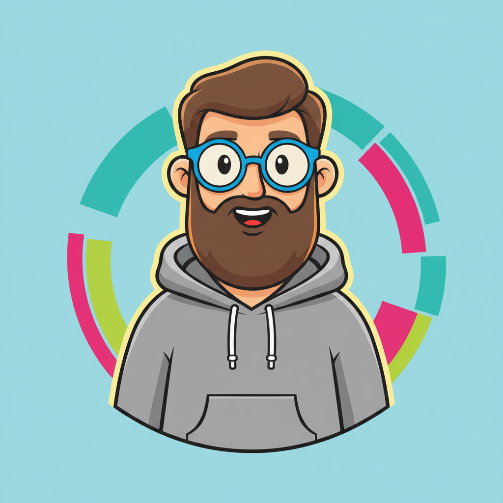 AI photo cartoonizer — flat avatar illustration cartoon of a man with glasses and beard