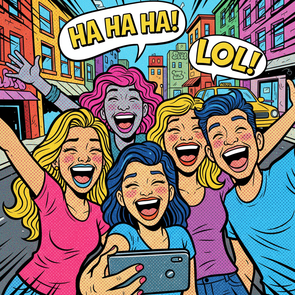 AI photo cartoonizer — comic book pop art cartoon of friends laughing with halftone dots and bold outlines