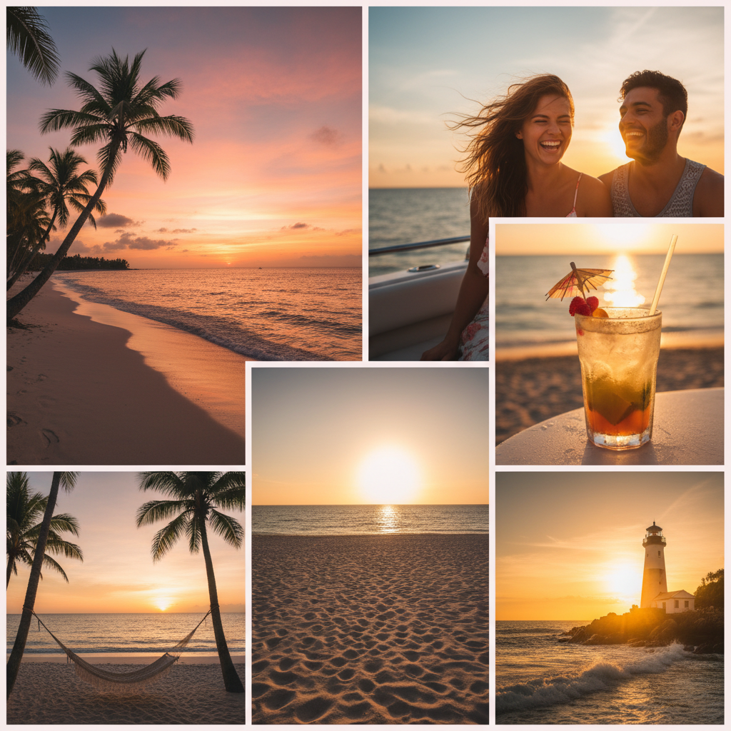 AI photo collage maker output — modern Instagram-style square photo collage of summer vacation snapshots in a creative grid layout with soft white borders and warm sunset colors