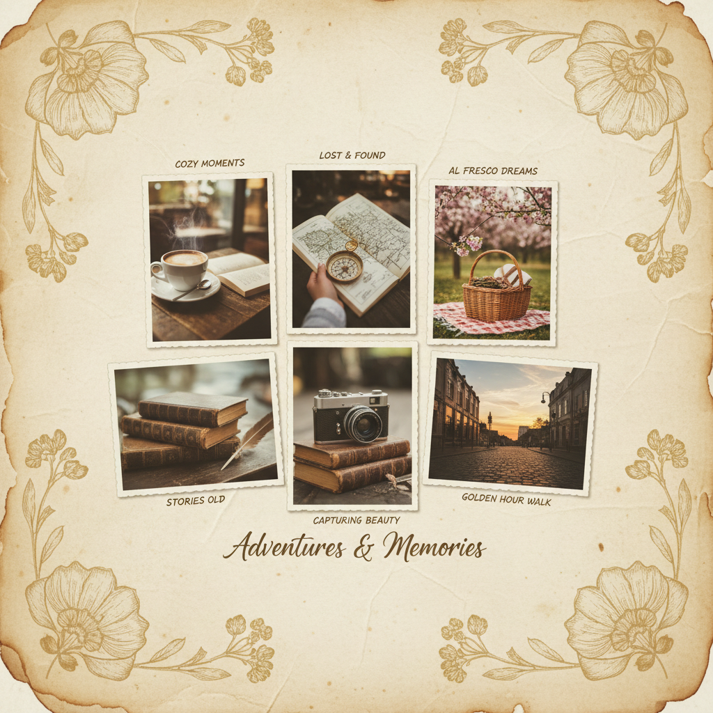 AI photo collage maker elegant scrapbook page layout with six lifestyle photographs on ivory parchment background with floral border accents and handwritten captions
