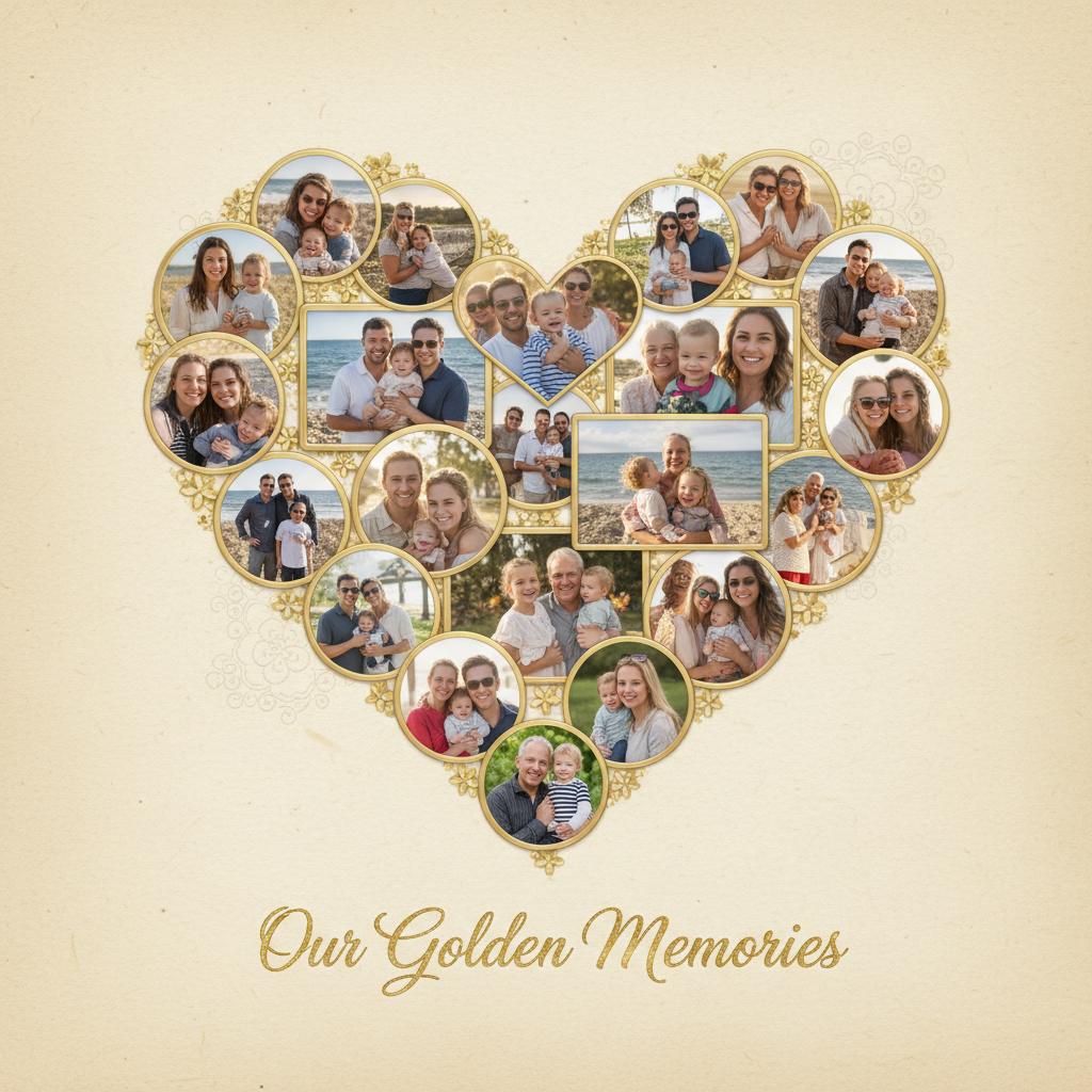 AI photo collage maker family memory collage in heart-shaped frame with multiple group photos arranged inside a heart silhouette on warm cream background with gold accents