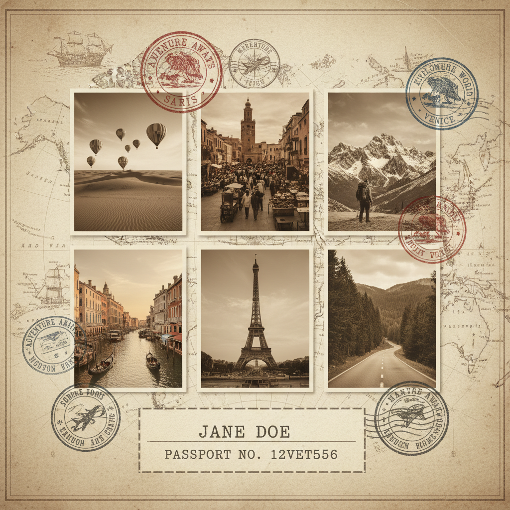 AI photo collage maker travel adventure passport-style collage of landscape and city travel photos with vintage stamp overlays on world map background with sepia color grading