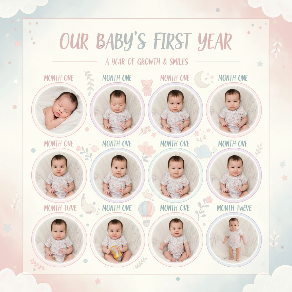 AI photo collage maker baby first year monthly milestone collage with twelve photos in a calendar grid with pastel pink and blue palette and hand-lettered month labels