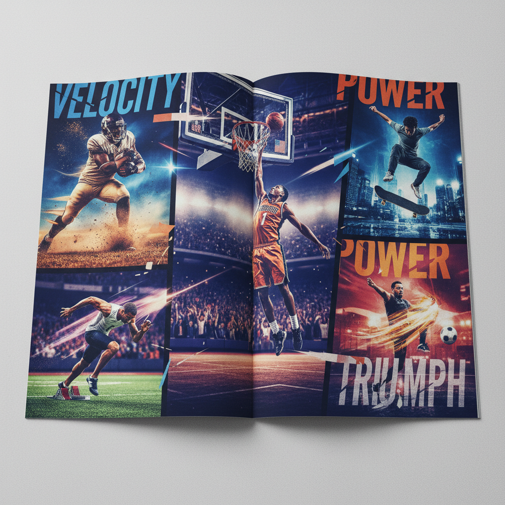 AI photo collage maker dynamic sports highlights collage with action photography in a bold magazine spread layout with vivid color grading and motion blur effects