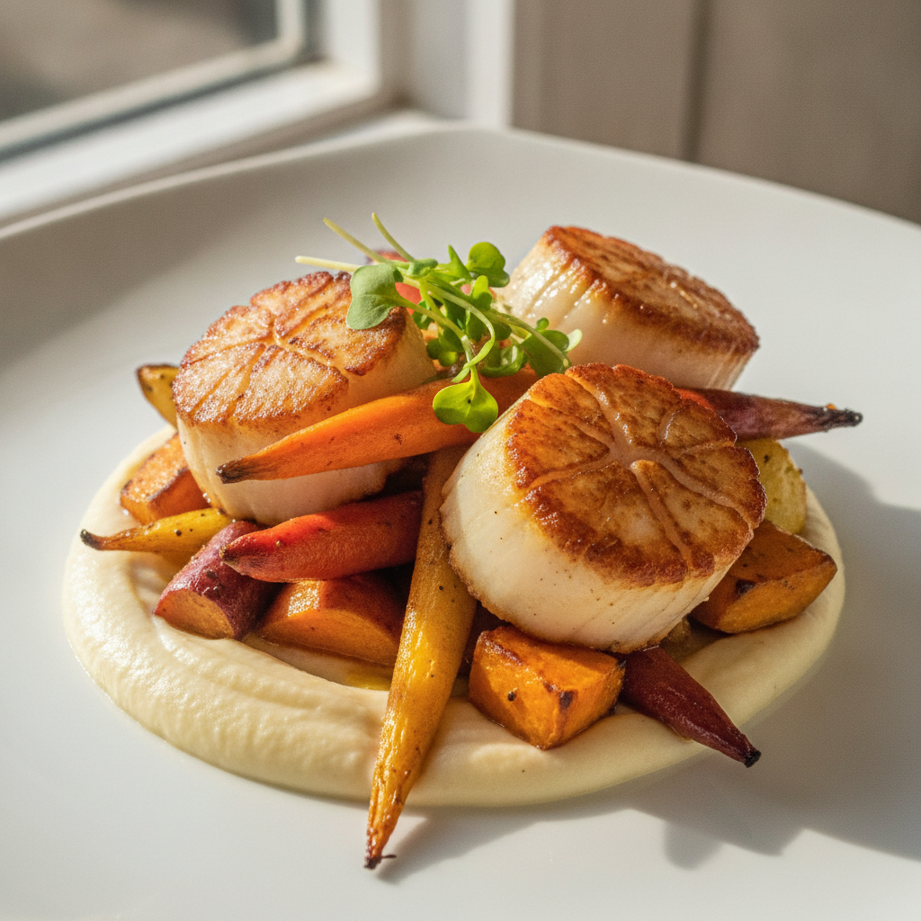 AI photo color enhancer result — a plate of gourmet food with appetizing warm vivid colors and balanced lighting